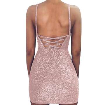 FV RELAY Womens Sexy Sparkely Glittery Straps Backless Bodycon Mini Club Party Wrap Dress (S, Pink)
