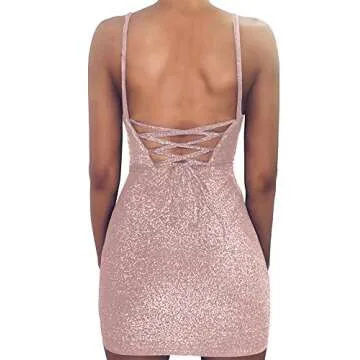 FV RELAY Womens Sexy Sparkely Glittery Straps Backless Bodycon Mini Club Party Wrap Dress (S, Pink)