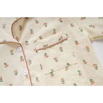 Vopmocld Big Girls Button Down Sleepwear Short Sleeve With Shorts 2PCS Pajama Sets Casual Lapel Loungewear Patterns Printed, 2PCS-Floral, 10