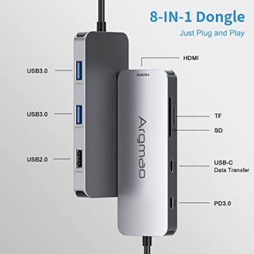 Argmao USB C Hub, 8-in-1 Dongle, USB C to USB C Data Transfer, USB-C PD3.0, 4K@30Hz HDMI, 3 USB 3.0, SD/TF Card Reader Adapter, Compatible with MacBook Air Pro, Chromebook and Other Type C Laptops