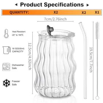 Ribbed Glass Cups with Lids and Straws – Unique Glass Cups for Iced Coffee, 18oz Vintage Design, I...