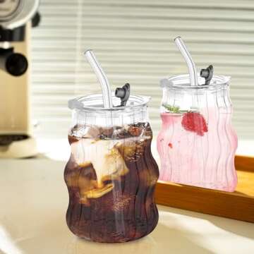Ribbed Glass Cups with Lids and Straws – Unique Glass Cups for Iced Coffee, 18oz Vintage Design, Ideal Wavy Glass Coffee Cups with Straws, Bubble Glass Aesthetic, Clear Ribbed Glasses