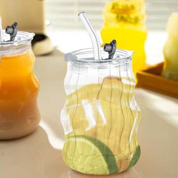 Ribbed Glass Cups with Lids and Straws – Unique Glass Cups for Iced Coffee, 18oz Vintage Design, Ideal Wavy Glass Coffee Cups with Straws, Bubble Glass Aesthetic, Clear Ribbed Glasses