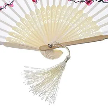 2 Pieces Folding Handheld Bamboo Fans with Tassel Women's Hollowed Bamboo Hand Holding Fans for Wall Decoration, Gifts(Cherry)