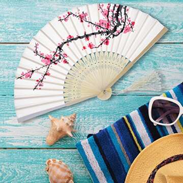 2 Pieces Folding Handheld Bamboo Fans with Tassel Women's Hollowed Bamboo Hand Holding Fans for Wall Decoration, Gifts(Cherry)