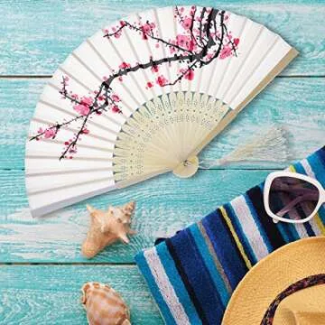 2 Pieces Folding Handheld Bamboo Fans with Tassel Women's Hollowed Bamboo Hand Holding Fans for Wall Decoration, Gifts(Cherry)