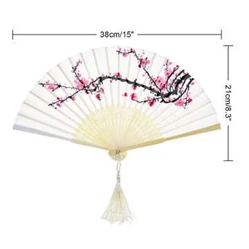 2 Pieces Folding Handheld Bamboo Fans with Tassel Women's Hollowed Bamboo Hand Holding Fans for Wall Decoration, Gifts(Cherry)