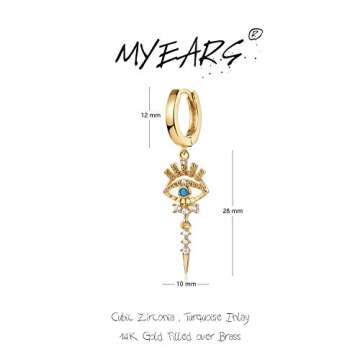 MYEARS Women Evil Eye Earrings Gold Huggie Hoop Spike Dangle Drop Turquoise Cubic Zirconia 14K Gold Plated Small Simple Minimalist Hypoallergenic Protection Everyday Jewelry