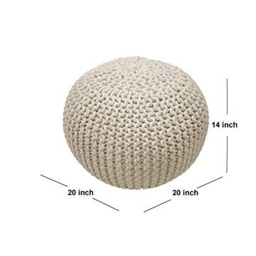 FRELISH DECOR Round Pouf Ottoman Hand Knitted 100% Cotton Pouf Foot Stool - Knitted Bean Bag - Floor Chair for Living Room Bedroom - Foot Rest for Couch (20 Diameter x 14 Height) - Natural