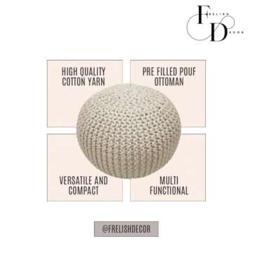 FRELISH DECOR Round Pouf Ottoman Hand Knitted 100% Cotton Pouf Foot Stool - Knitted Bean Bag - Floor Chair for Living Room Bedroom - Foot Rest for Couch (20 Diameter x 14 Height) - Natural