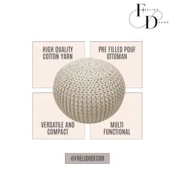 FRELISH DECOR Round Pouf Ottoman Hand Knitted 100% Cotton Pouf Foot Stool - Knitted Bean Bag - Floor Chair for Living Room Bedroom - Foot Rest for Couch (20 Diameter x 14 Height) - Natural