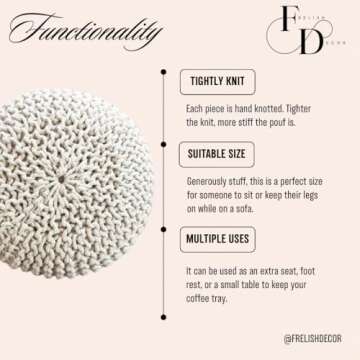 FRELISH DECOR Round Pouf Ottoman Hand Knitted 100% Cotton Pouf Foot Stool - Knitted Bean Bag - Floor Chair for Living Room Bedroom - Foot Rest for Couch (20 Diameter x 14 Height) - Natural