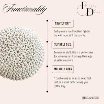 FRELISH DECOR Round Pouf Ottoman Hand Knitted 100% Cotton Pouf Foot Stool - Knitted Bean Bag - Floor Chair for Living Room Bedroom - Foot Rest for Couch (20 Diameter x 14 Height) - Natural
