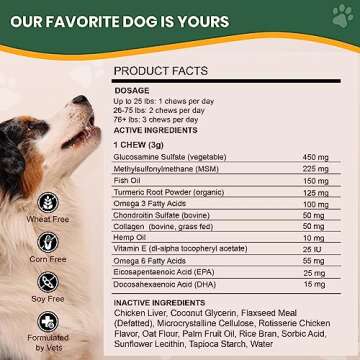 Vet Naturals Hemp & HIPS - Dog Joint Supplement Large Breed - Senior Dog Supplements - Glucosamine and Chondroitin Supplement for Large Dog - MSM & USA Grown Hemp Oil (60ct-Rotisserie Chicken)
