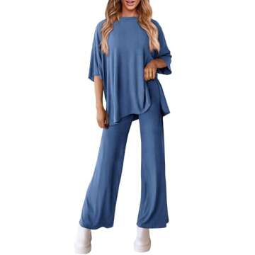 PRETTYGARDEN Women's 2 Piece Outfits Casual Short Sleeve Pullover Tops and Wide Leg Pants Lounge Sets Tracksuits (Blue,Small)