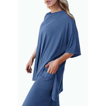 PRETTYGARDEN Women's 2 Piece Outfits Casual Short Sleeve Pullover Tops and Wide Leg Pants Lounge Sets Tracksuits (Blue,Small)