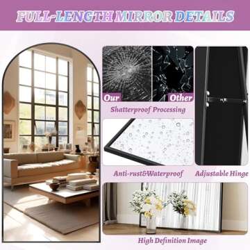 LadyNow Full Length Mirror, 78"x38" Oversized Floor Mirror Freestanding, Full Body Mirror Floor Standing Mirror with Stand, Hanging Mounted Mirror for Bedroom Living Room, Black, Arched Style