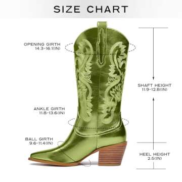GOSERCE Green Cowboy Boots for Women Metaliic - Mid Calf Cowgirl Boots with Embroidery Sparkly Western Boots for Ladies Fahsion Classic Pull on Pointy Toe Chunky Stacked Heel 2.5" Green,9