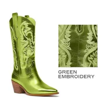 GOSERCE Green Cowboy Boots for Women Metaliic - Mid Calf Cowgirl Boots with Embroidery Sparkly Western Boots for Ladies Fahsion Classic Pull on Pointy Toe Chunky Stacked Heel 2.5" Green,9