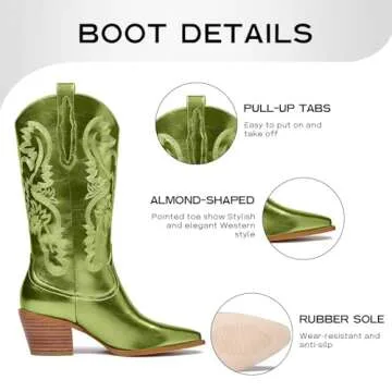 GOSERCE Green Cowboy Boots for Women Metaliic - Mid Calf Cowgirl Boots with Embroidery Sparkly Western Boots for Ladies Fahsion Classic Pull on Pointy Toe Chunky Stacked Heel 2.5" Green,9