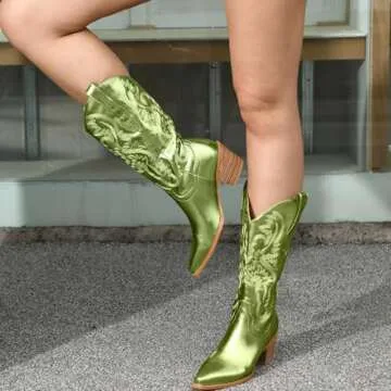 GOSERCE Green Cowboy Boots for Women Metaliic - Mid Calf Cowgirl Boots with Embroidery Sparkly Western Boots for Ladies Fahsion Classic Pull on Pointy Toe Chunky Stacked Heel 2.5" Green,9