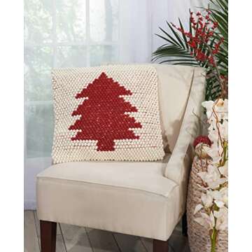 Mina Victory Holiday Pillows Xmas Tree Loops Ivory Red 20"X20" Throw Pillow