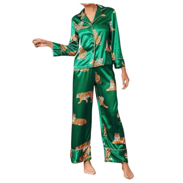 WDIRARA Women's Sleepwear Striped Satin Short Sleeve Shirt and Pants Pajama Set Green Tiger L