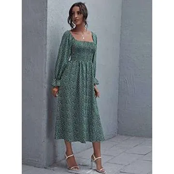 Floerns Boho Floral Print Square Neck Long Dress