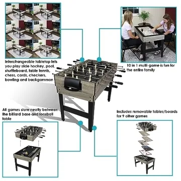 Sunnydaze 10-in-1 Game Table - Combination Multi-Game Table with Billiards, Push Hockey, Foosball, Ping Pong, Chess, Checkers, Backgammon, Bowling, Shuffleboard, Card Games - Classic Wood Stain