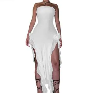 Elegant Women Sexy Ruffle Hem Strapless Long Dress