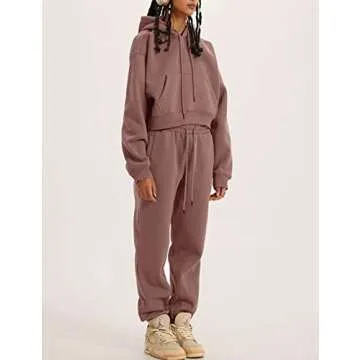 PEHMEA Women's 2 Piece Sweatsuit Outfits, Winter Comfy Lounge Sets for Women, Fleece Hoodies Crop Pullover with Joggers Pants(Rust-S)