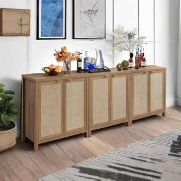 SICOTAS Sideboard Buffet Coffee Bar Cabinet - Boho Rattan Credenza Cabinet with Storage Rattan Decor...
