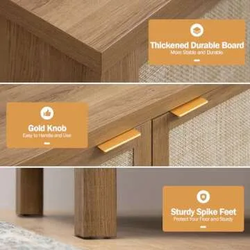 SICOTAS Sideboard Buffet Coffee Bar Cabinet - Boho Rattan Credenza Cabinet with Storage Rattan Decorated Doors - 3 Pieces Farmhouse Kitchen Storage Cabinets Buffet Cabinet - Oak