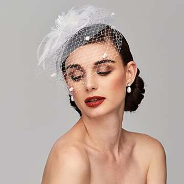 TS Fascinators Hat Tea Party Hat Mesh Floral Feather Hair Clip Girls and Women Fascinator Headband with Veil for Wedding Cocktail White