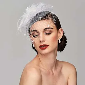 TS Fascinators Hat Tea Party Hat Mesh Floral Feather Hair Clip Girls and Women Fascinator Headband with Veil for Wedding Cocktail White