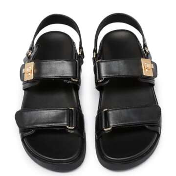 GOUPSKY Womens Summer Flat Sandals Adjustable Comfortable Arch Support Shoes Casual Leather Wide Pat...