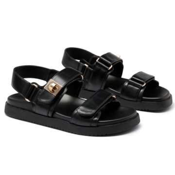 GOUPSKY Womens Summer Flat Sandals Adjustable Comfortable Arch Support Shoes Casual Leather Wide Patform Sandals Black 6.5