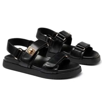 GOUPSKY Womens Summer Flat Sandals Adjustable Comfortable Arch Support Shoes Casual Leather Wide Patform Sandals Black 6.5