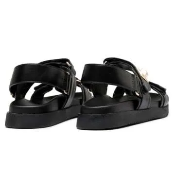 GOUPSKY Womens Summer Flat Sandals Adjustable Comfortable Arch Support Shoes Casual Leather Wide Patform Sandals Black 6.5