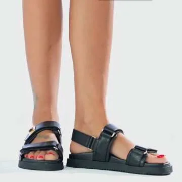 GOUPSKY Womens Summer Flat Sandals Adjustable Comfortable Arch Support Shoes Casual Leather Wide Patform Sandals Black 6.5