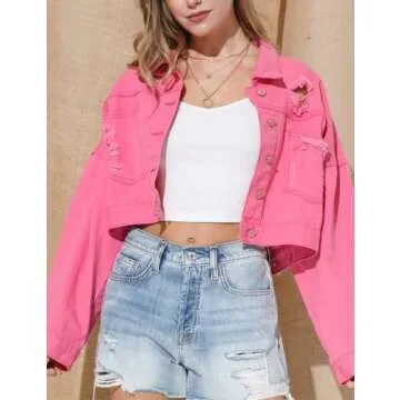 Joiemont Womens Denim Jacket with Fringe Rhinestones Long Sleeve Distressed Ripped Denim Jackets with Pockets(0025-Pink-M)