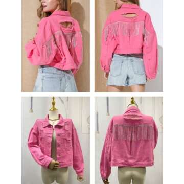 Joiemont Womens Denim Jacket with Fringe Rhinestones Long Sleeve Distressed Ripped Denim Jackets with Pockets(0025-Pink-M)