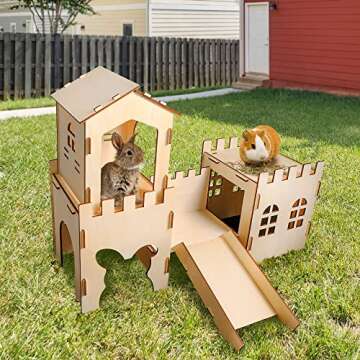 Extra Large Rabbit Castle Hideout Bunny House, Wooden Bunny Hideout for Indoor Rabbit Play Houses an...