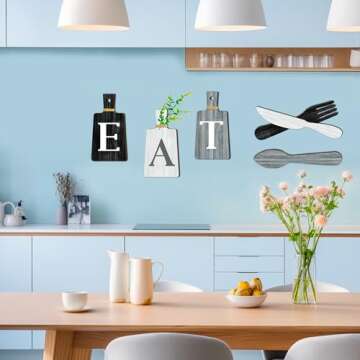 JINRICH 6 Piece Kitchen Decor Chopping Board Eat Sign Forks and Spoons Wall Decor Wooden Restaurant ...
