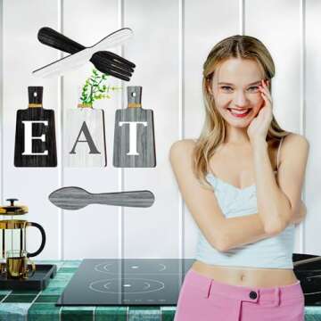 JINRICH 6 Piece Kitchen Decor Chopping Board Eat Sign Forks and Spoons Wall Decor Wooden Restaurant Hanging Sign Rustic Farmhouse Wall Art Home Decor(Black, white and gray simple)