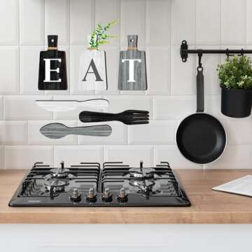 JINRICH 6 Piece Kitchen Decor Chopping Board Eat Sign Forks and Spoons Wall Decor Wooden Restaurant Hanging Sign Rustic Farmhouse Wall Art Home Decor(Black, white and gray simple)