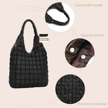 I IHAYNER Quilted Puffer Hobo Bag for Women Large Soft Puffy Shoulder Bag Quilted Carryall Tote Bag Hobo Handbags for Travel Black