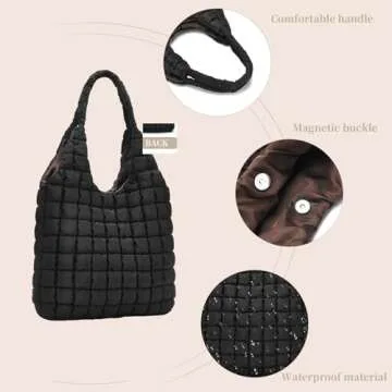 I IHAYNER Quilted Puffer Hobo Bag for Women Large Soft Puffy Shoulder Bag Quilted Carryall Tote Bag Hobo Handbags for Travel Black