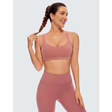 CRZ YOGA Women's Light Support Strappy Sports Bra - Low Cut Wirefree Padded Yoga Cami Criss Cross Back Light Reddish Brown Medium