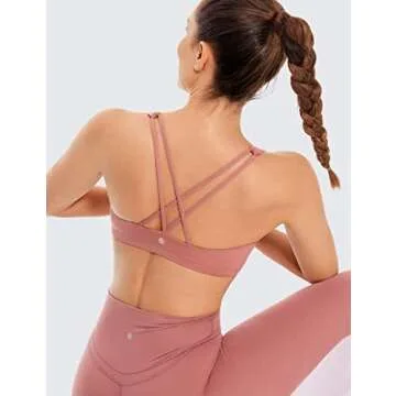 CRZ YOGA Women's Light Support Strappy Sports Bra - Low Cut Wirefree Padded Yoga Cami Criss Cross Back Light Reddish Brown Medium